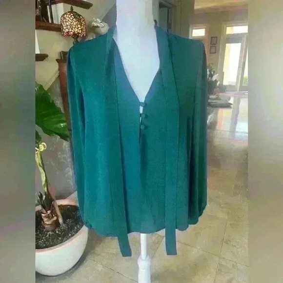 Crescent and Willough ladies blouse medium Green long sleeve neck tie attached - Picture 7 of 9